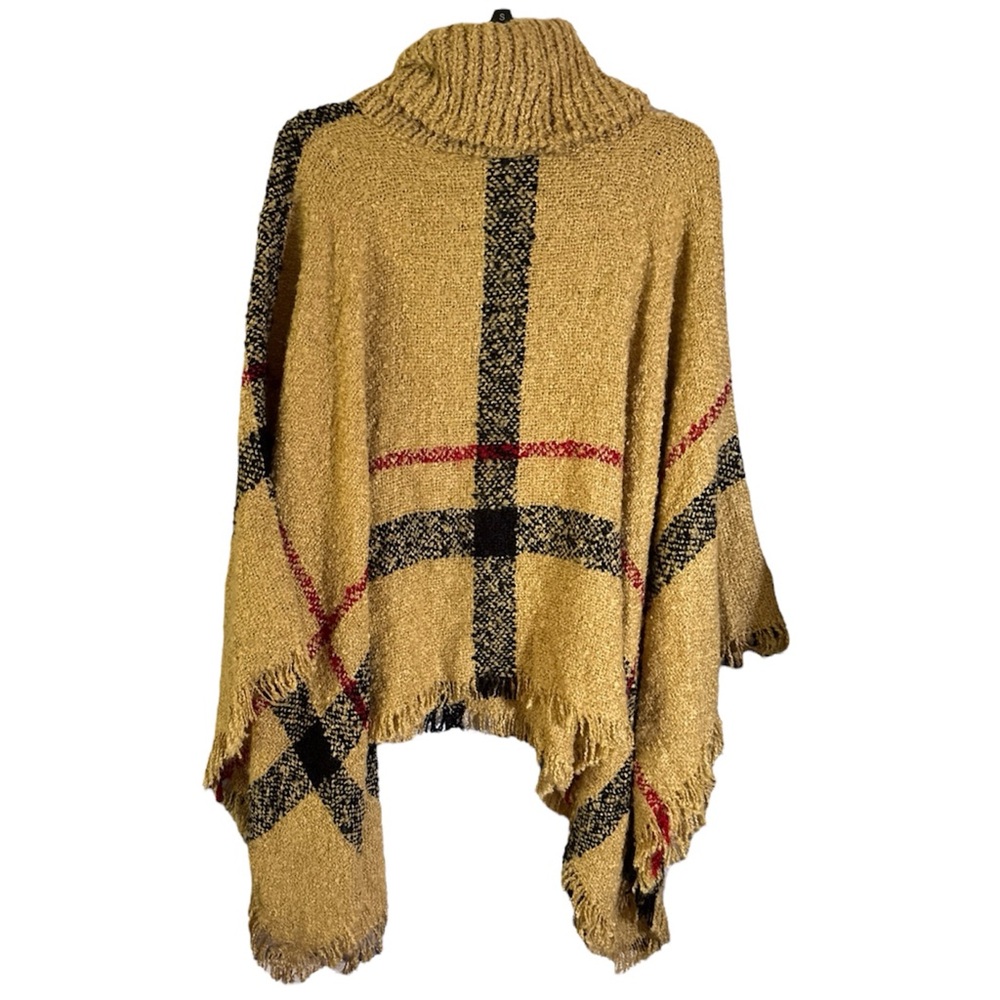 Tan Plaid Fringe Knit Poncho Sweater Pullover Turtleneck One Size NWT - Picture 4 of 9